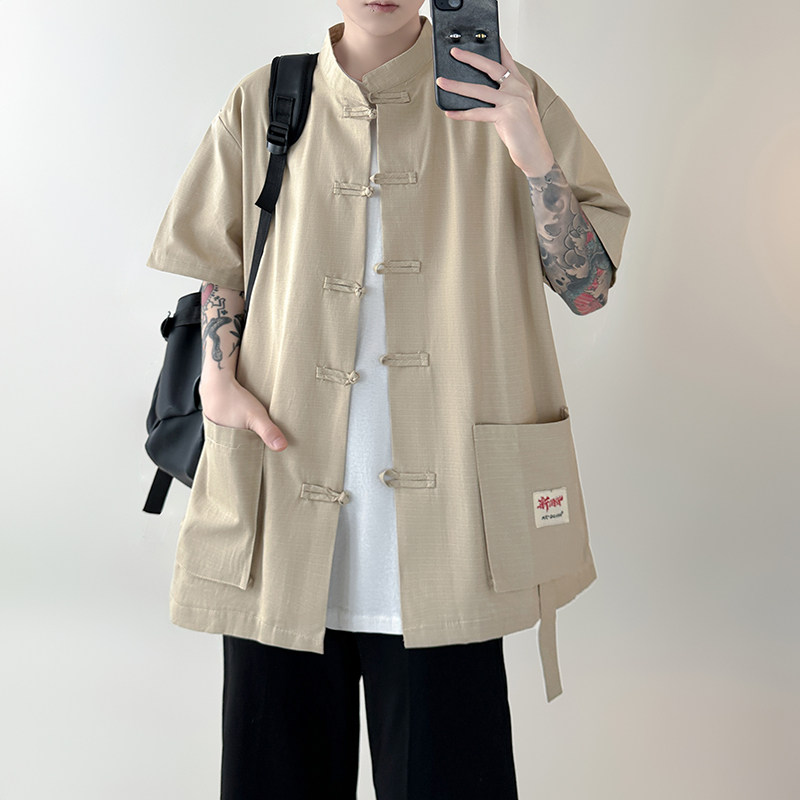 中国风调酒师ktv美发理发店唐装工作服男女纯棉复古酒店餐饮衬衫
