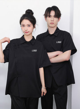 酒吧夜店男士帅气衬衣印LOGO工作服美容美发店设计师黑色衬衫工衣