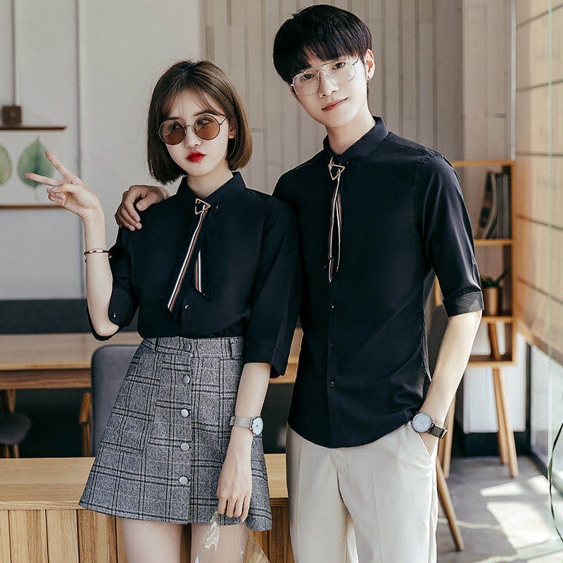 男女同款2025美发店助理中袖衬衣理发店工作服发型师衬衫定制logo