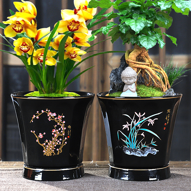 陶瓷花盆兰花绿植绿萝花盆特价清仓带托盘创意办公室花盆复古包邮