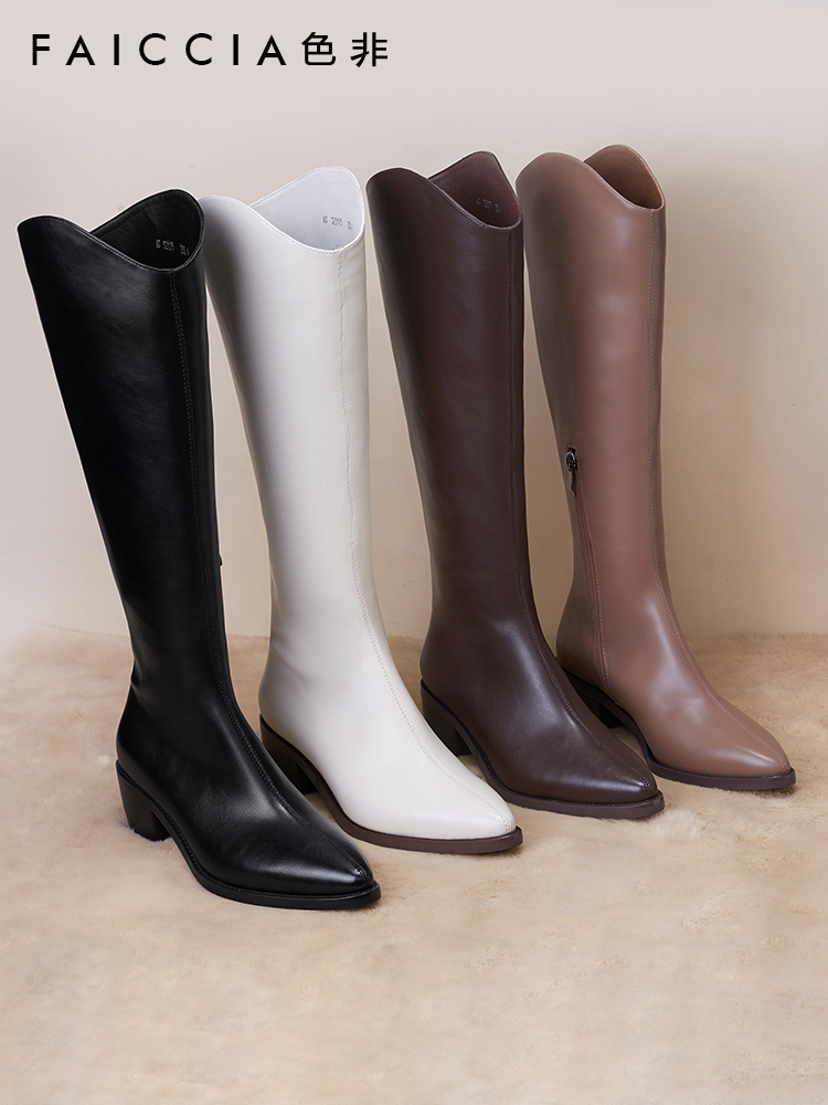 新款粗跟长筒靴Faiccia/色非复古