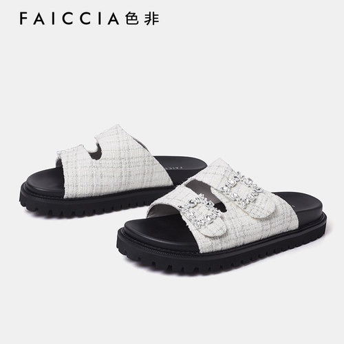 色非拖鞋水钻厚底法式
