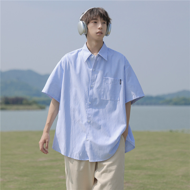 CityBoy日系廓形蓝色条纹宽松短袖衬衫501-2-CS008-P4859图片