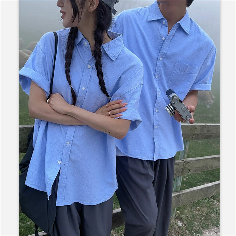 夏季纯色情侣口袋宽松短袖衬衫501-2-CS1009-P45,男装衬衫,星座501-2