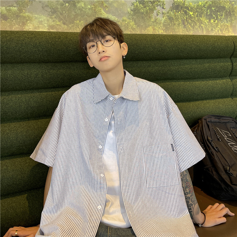 CityBoy日系廓形蓝色条纹宽松全棉短袖衬衫501-2-CS008-P4859图片
