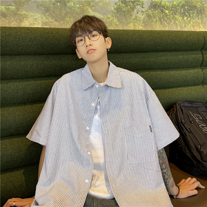 CityBoy日系廓形蓝色条纹宽松全棉短袖衬衫501-2-CS008-P4859图片