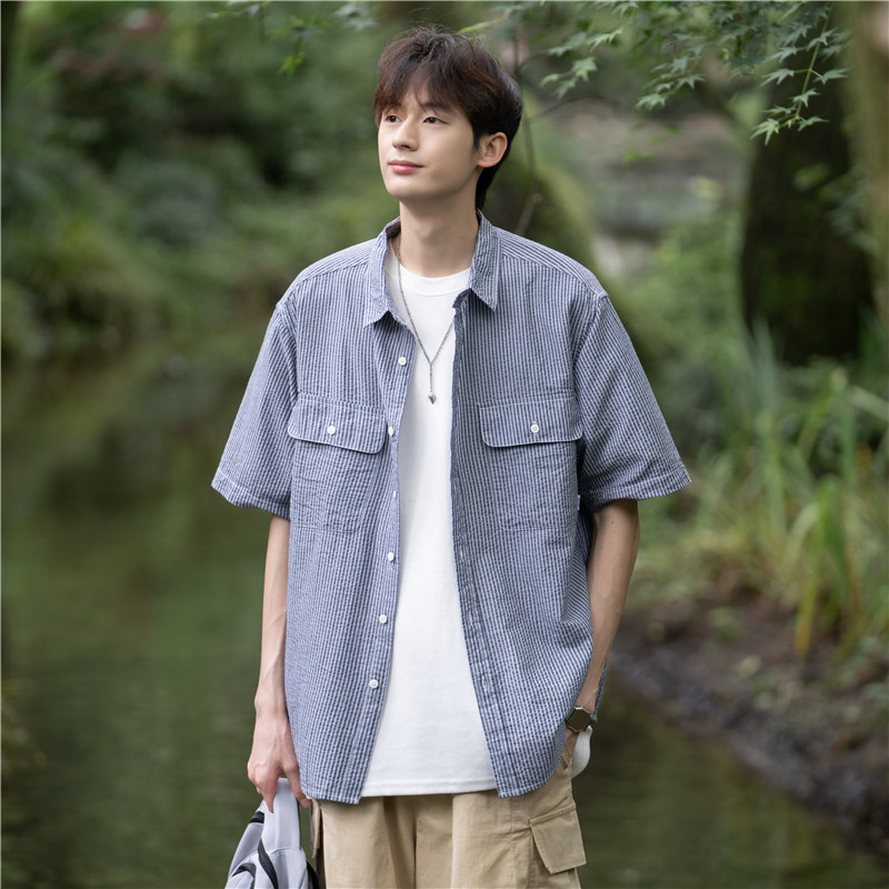 夏季款泡泡纱条纹短袖衬衫501-2-CS1007-P58控69,男装衬衫,星座501-2