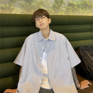 CityBoy日系廓形蓝色条纹宽松全棉短袖衬衫501-2-CS008-P4859图片