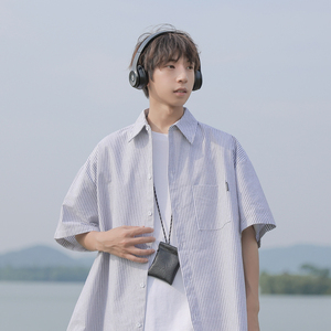 CityBoy日系廓形蓝色条纹宽松短袖衬衫501-2-CS008-P4859图片