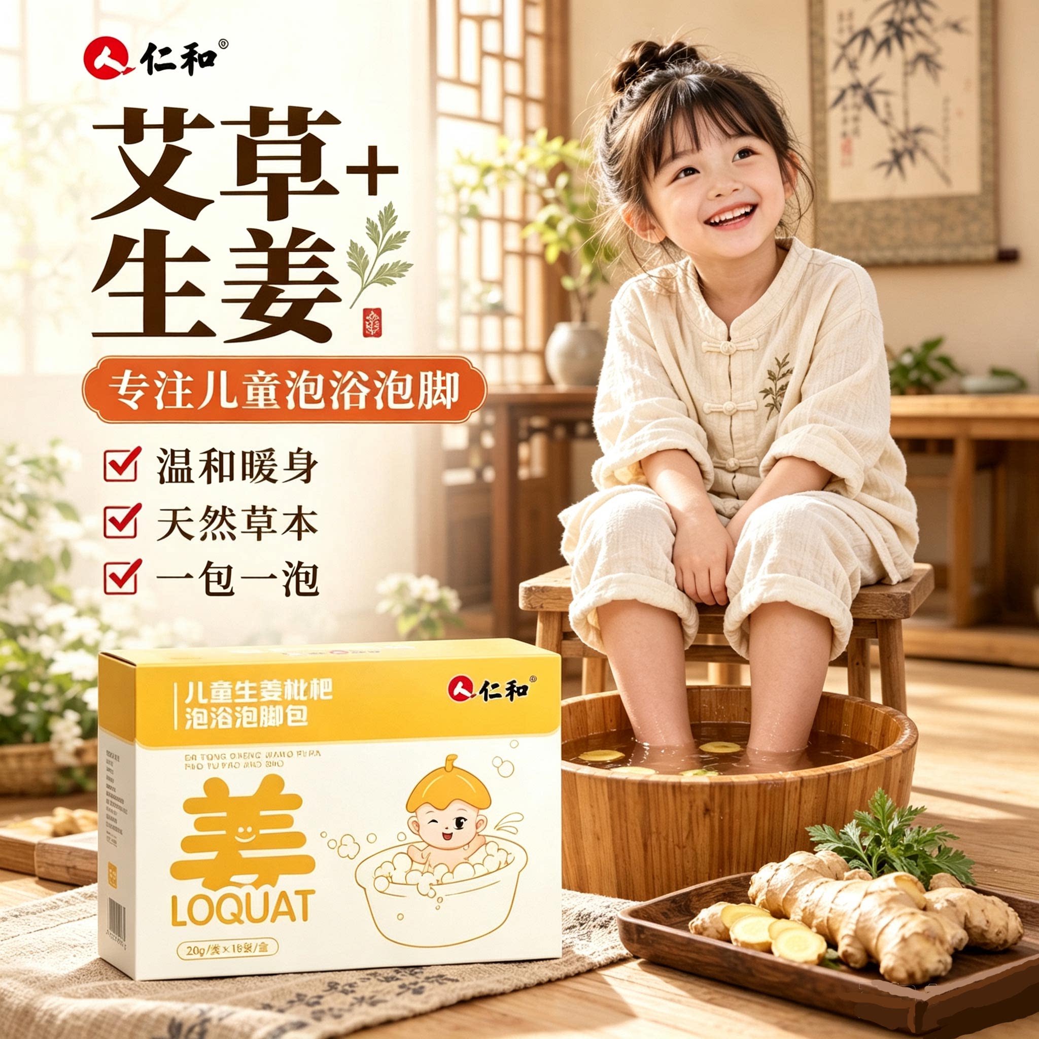 仁和儿童泡脚包泡浴包艾叶生姜小儿宝宝调理健体泡澡药浴足浴换季