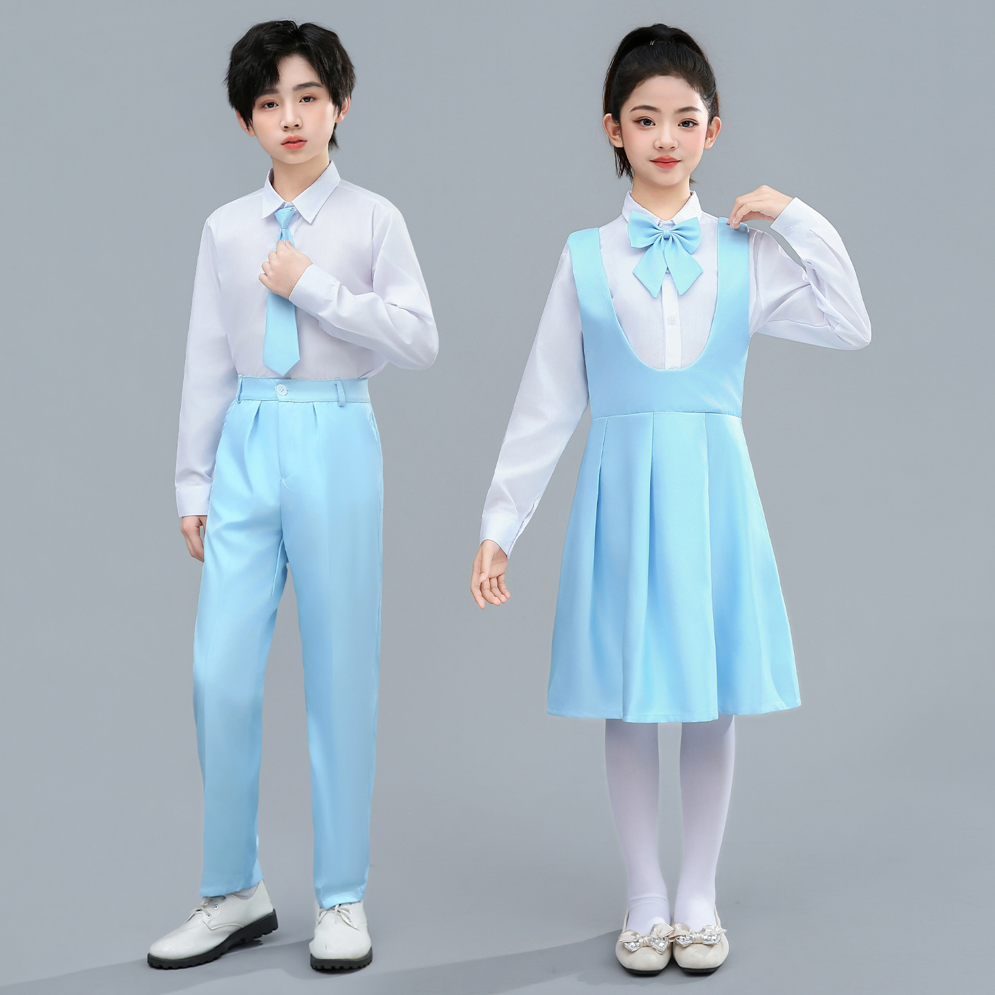 儿童中小学生爱国主题表演服合唱诗歌朗诵比赛演出服女童蓝色礼服