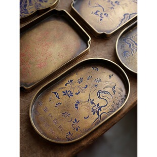 仿古漆绘壶承黄铜器宋式雕花托盘长方壶垫茶盘干泡台茶具茶桌壶承