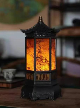 凡湘妃竹石头六方灯茶室烛台氛围灯高级感茶桌布置灯茶空间摆放小