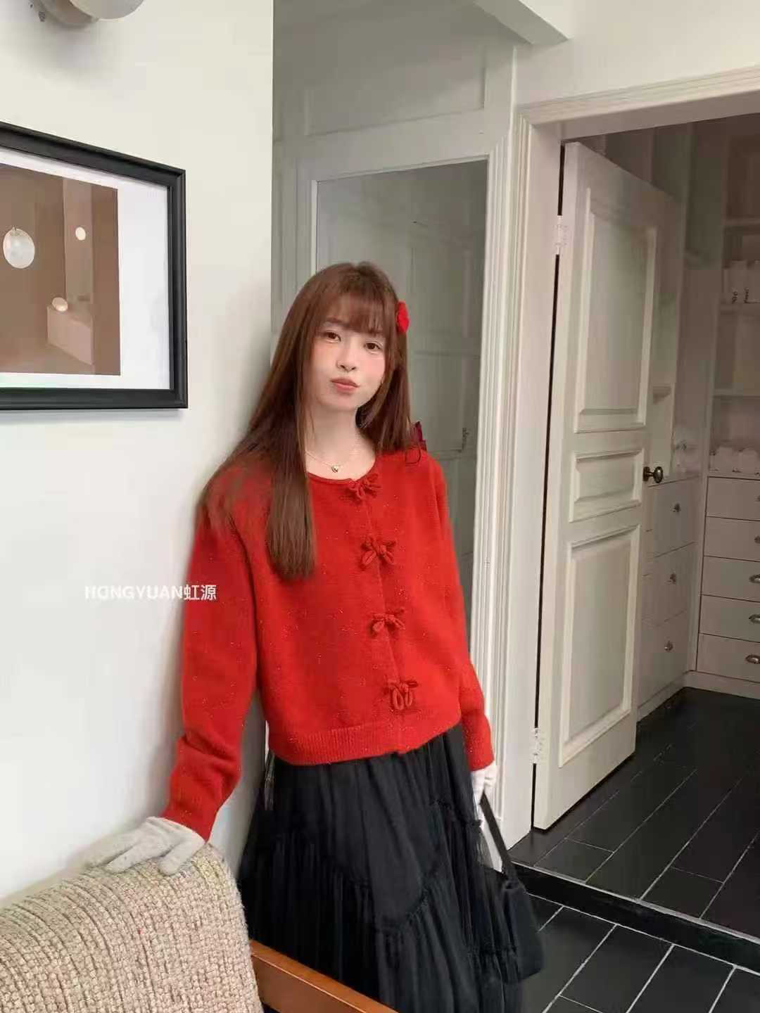 HONGYUAN 虹源 針織外套女高級感亮絲蝴蝶結扣國風復古紅色毛衣爆,女装/女士精品,毛衣,淘宝优惠券,粉丝福利购,淘宝优惠卷