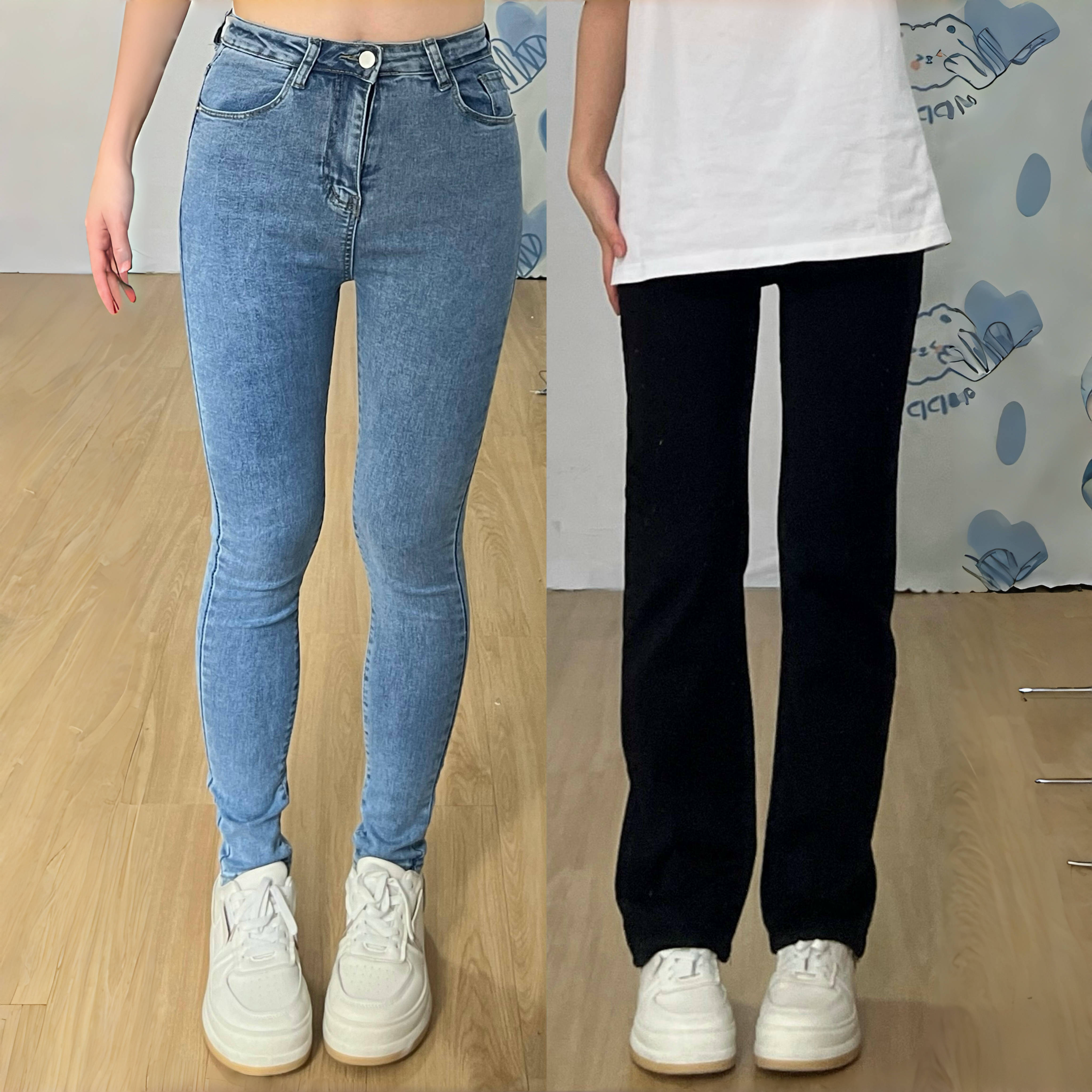 大码胖mm黑色窄版直筒牛仔裤女