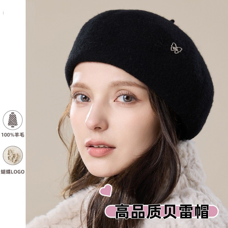 纯羊毛贝雷帽女大头围画家帽子