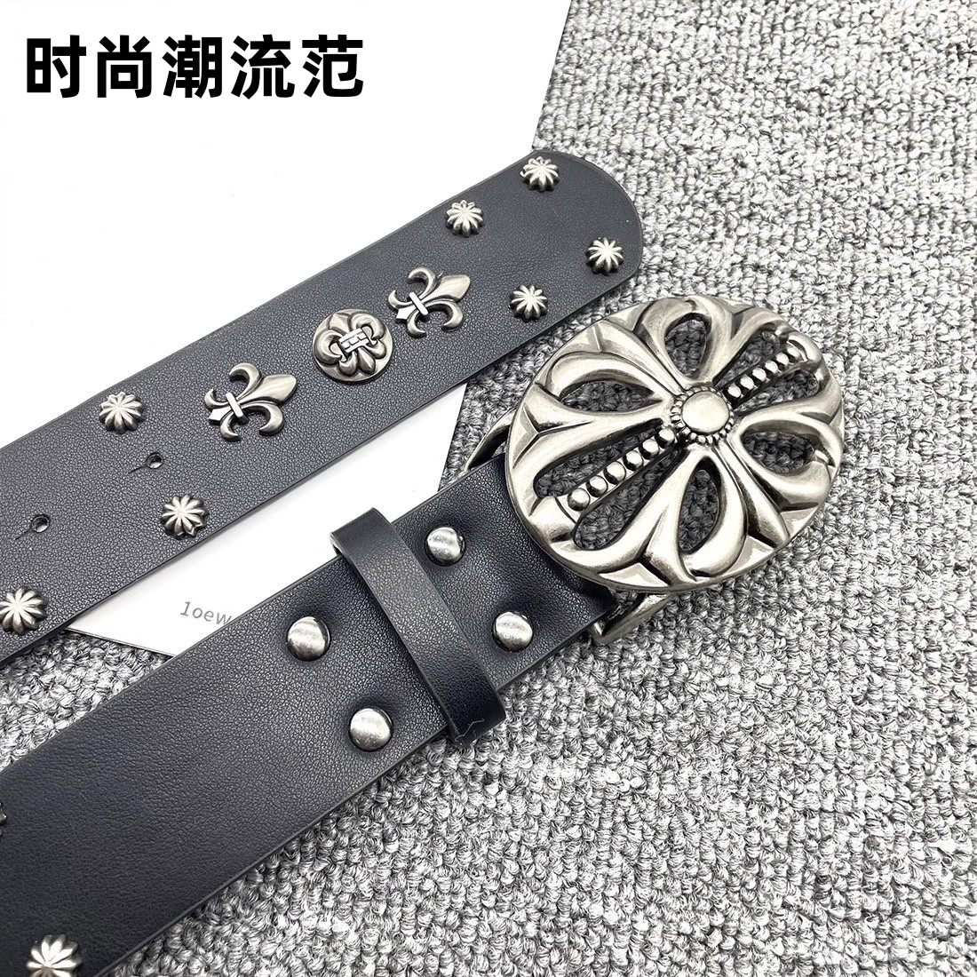 男女款时尚腰带新款潮流机车腰带复古牛仔朋克骷髅头铆钉黑色皮带