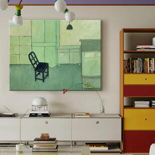 客厅复古绿色手绘油画玄关小众艺术沙发背景墙挂画抽象卧室装饰画