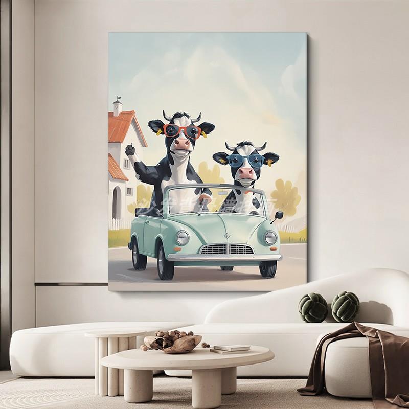 玄关卡通奶牛手绘油画客厅抽象小众艺术丙烯挂画沙发背景墙装饰画图片