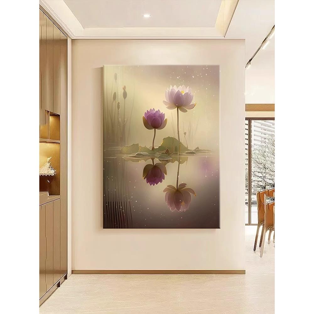 新中式荷花客厅玄关背景墙装饰画高级感睡莲叶餐厅酒店大堂挂画图片