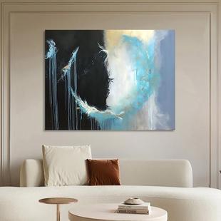 黑白色彩碰撞手绘油画抽象羽毛现代简约装饰画横版客厅玄关挂画