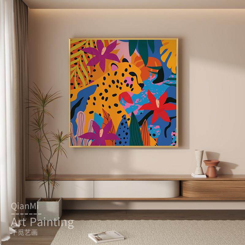 波普风酒店餐厅方形装饰画复古植物入户玄关挂画抽象豹子客厅壁画,家居饰品,现代装饰画,淘宝优惠券,粉丝福利购,淘宝优惠卷