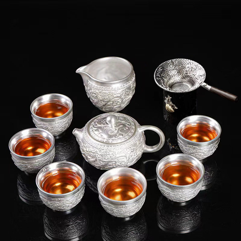 百福茶具高档鎏纯银功夫茶具套装家用银制雕花泡茶壶送长辈礼盒装
