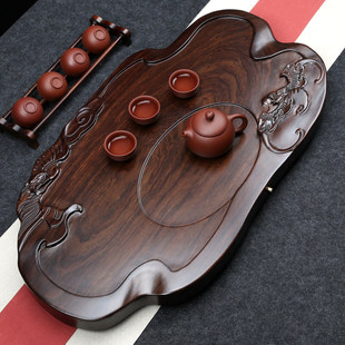 整块天然黑檀木实木茶盘高端中式家用功夫茶具大小号排水茶海托盘