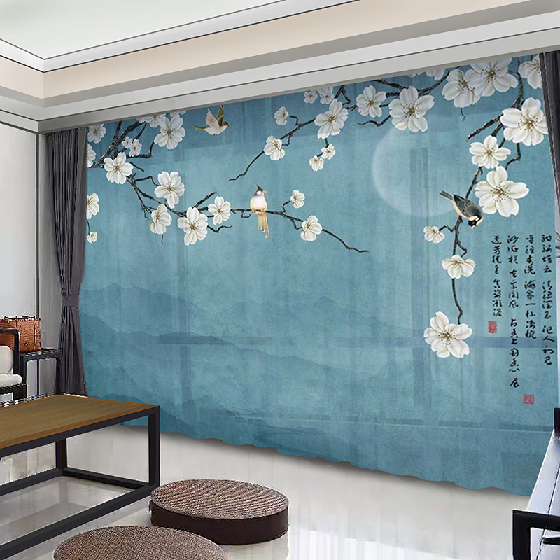 定制窗帘新中式花鸟图梅花遮光帘玉兰桃花高档山水书房茶楼窗纱帘