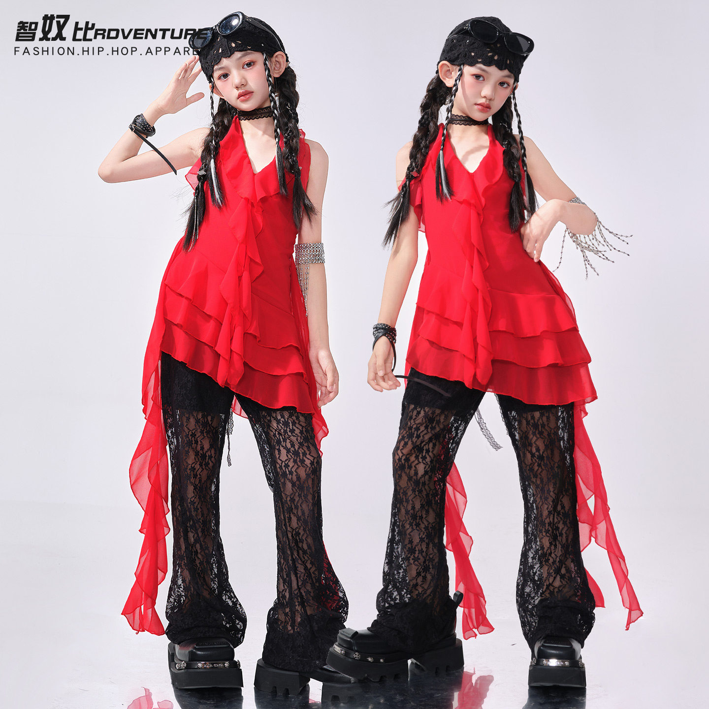 爵士舞服装女儿童红色连衣裙套装