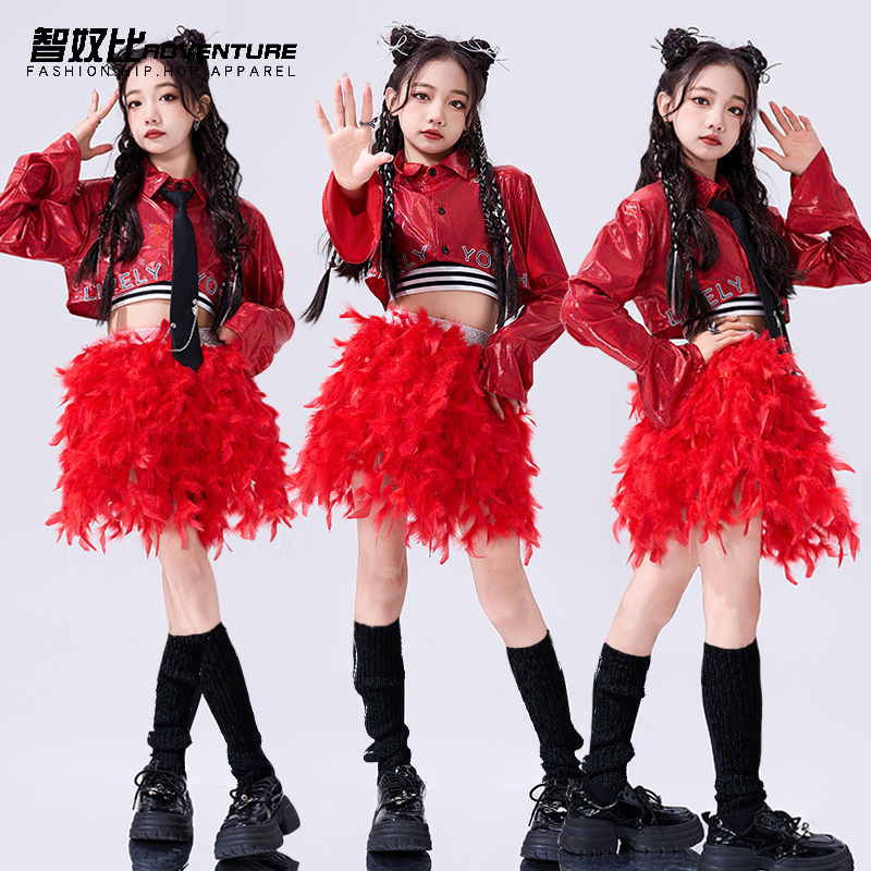 女童爵士舞服装红色毛毛群女孩