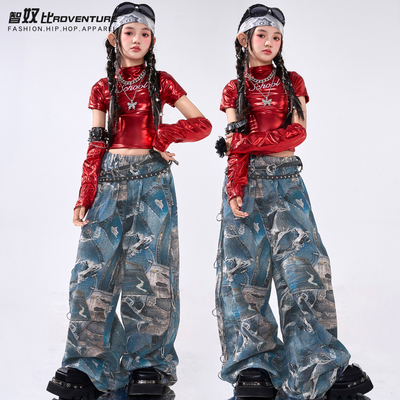 爵士舞服装女童酷帅红色亮面表演