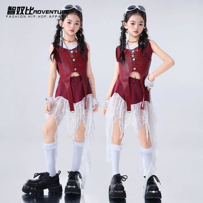爵士舞服装女儿童红色潮酷时髦