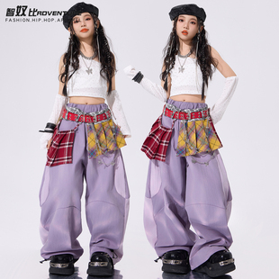 女童爵士舞服装白色斜肩少儿练功服套装jazz穿搭儿童街舞演出服女