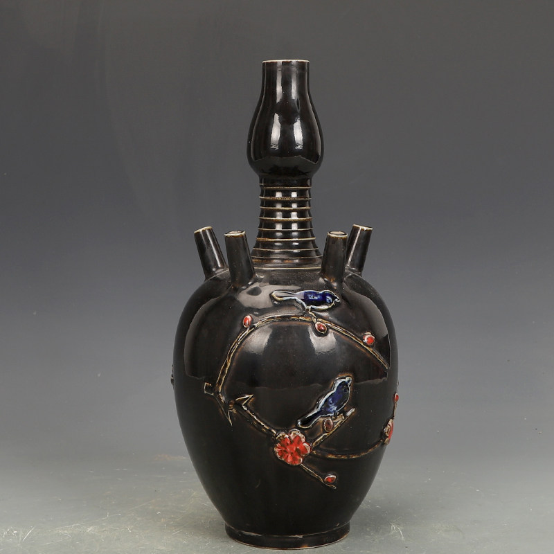 宋瓷收藏定窑黑釉花鸟纹多管口瓶古董古玩五大名窑旧货老货收藏