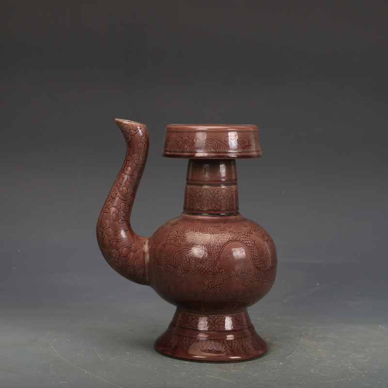 明弘治瓷器紫金釉龙纹喷巴壶古董古玩明清老瓷器旧货收藏摆件