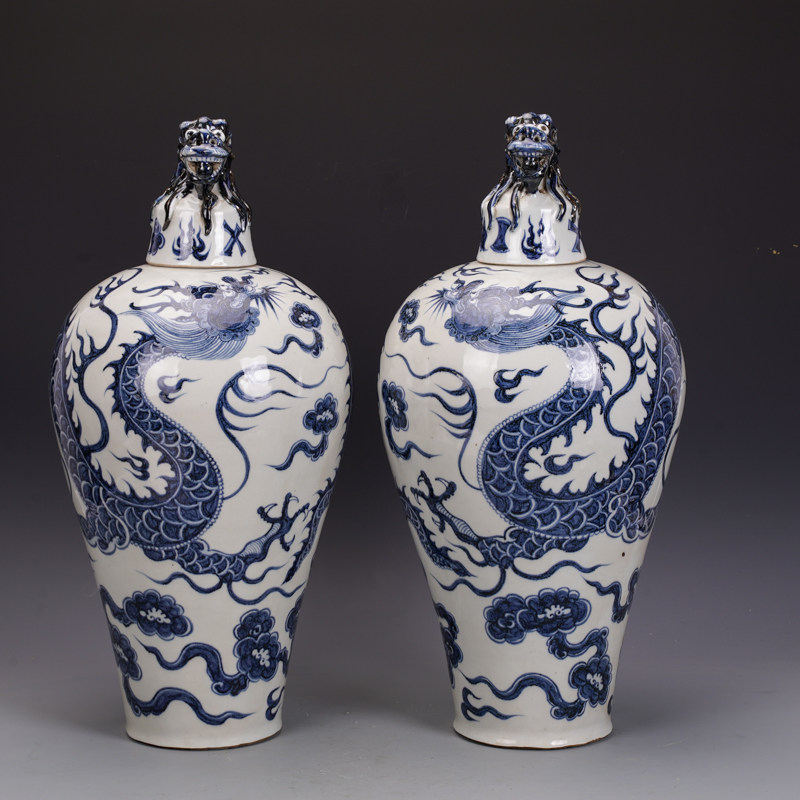 元青花釉里红瓷器龙纹梅瓶一对古董古玩旧货老货包老瓷器收藏