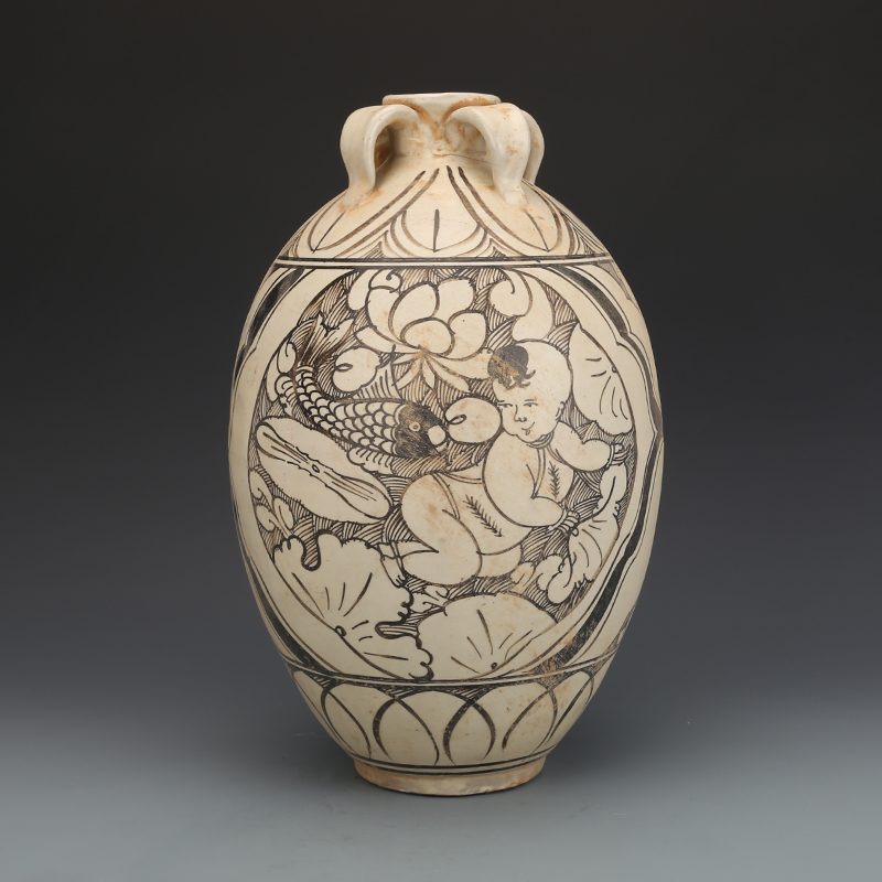 宋磁州窑雕刻婴戏系口瓶仿古瓷器古董古玩收藏品老物件包老老货