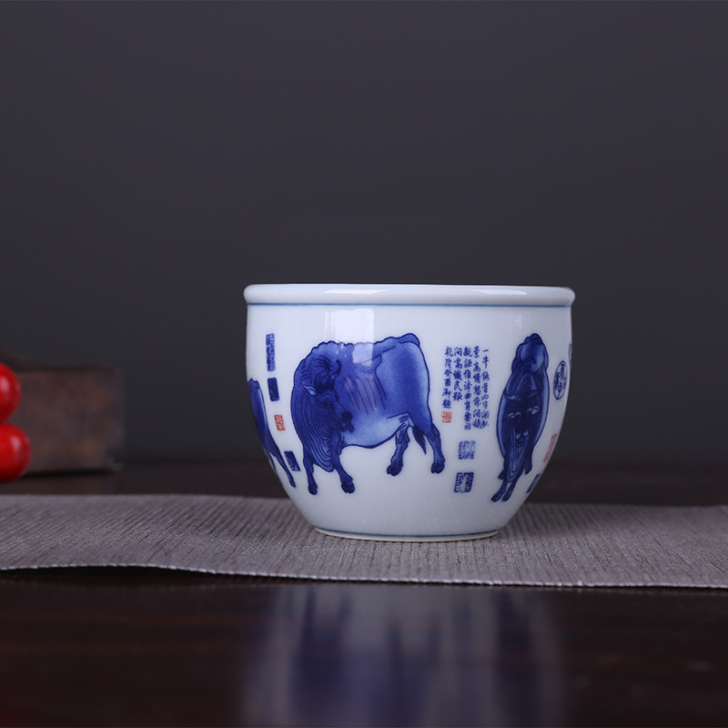 主人杯仿古清乾隆瓷器青花五牛图茶杯茶盏仿古瓷器古董古玩收藏品