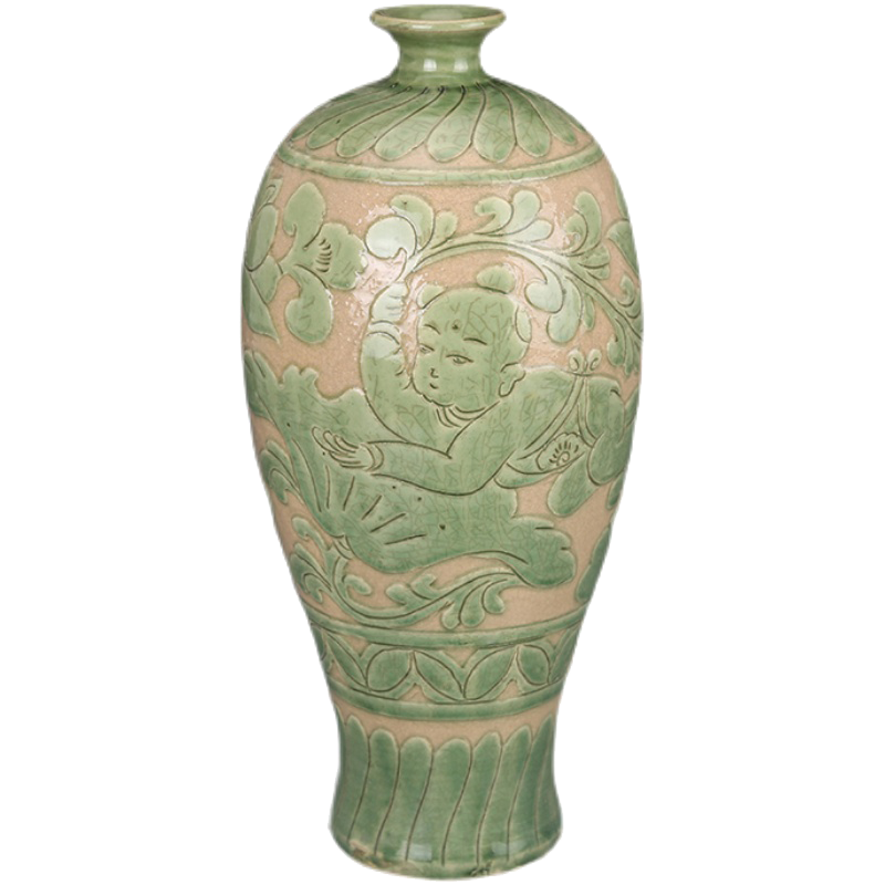 花瓶宋瓷收藏磁州窑绿釉雕刻婴戏图梅瓶仿古瓷器古董古玩旧货收藏