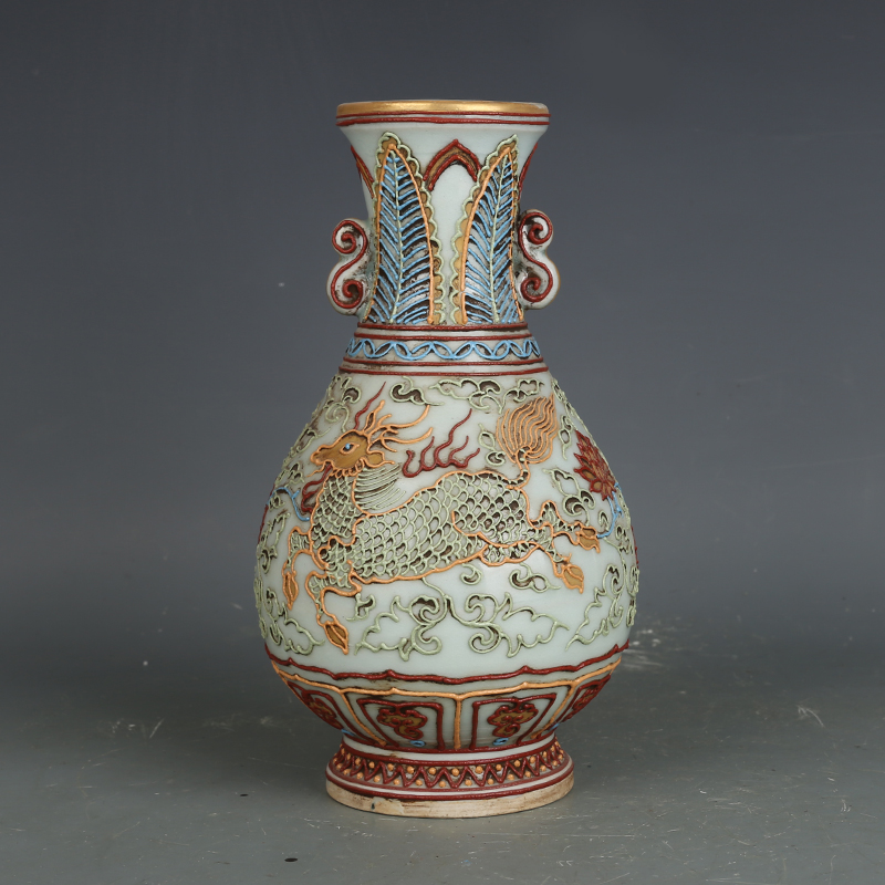 元沥粉戕金麒麟双耳瓶古董古玩收藏品老货旧货包老保真摆件老物件