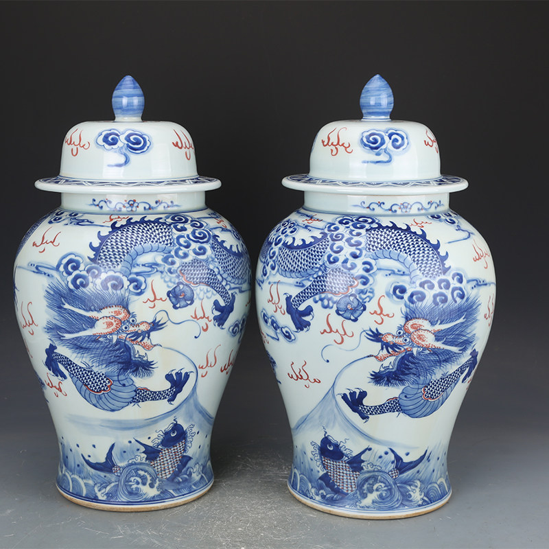 清康熙瓷器青花釉里红龙纹将军罐一对古董古玩明清老瓷器收藏