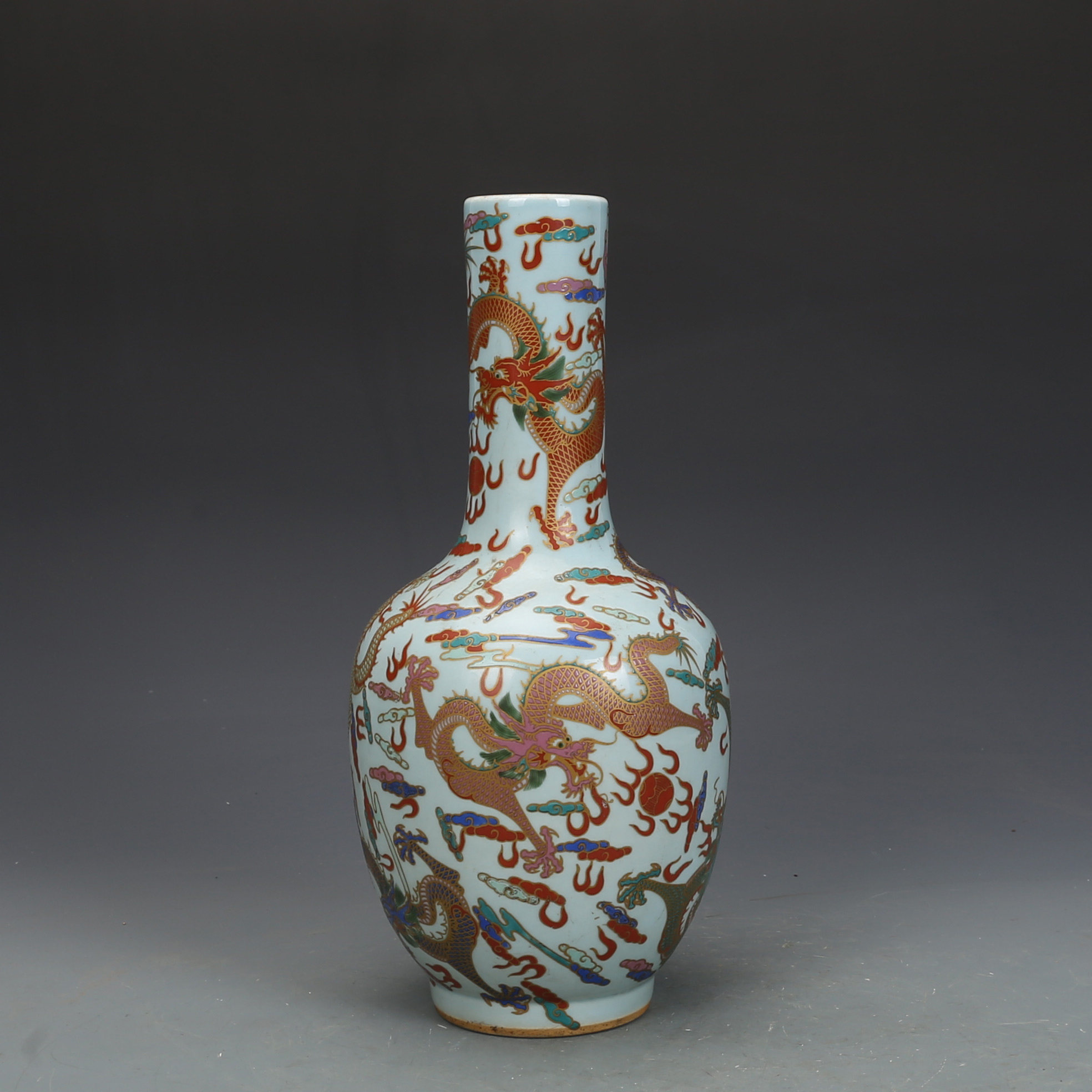 清嘉庆瓷器粉彩龙纹摇铃尊古董古玩明清老瓷器旧货老货收藏摆件