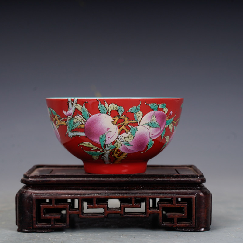 景德镇仿古瓷器粉彩寿桃主人杯品茗杯茶杯古董古玩旧货收藏