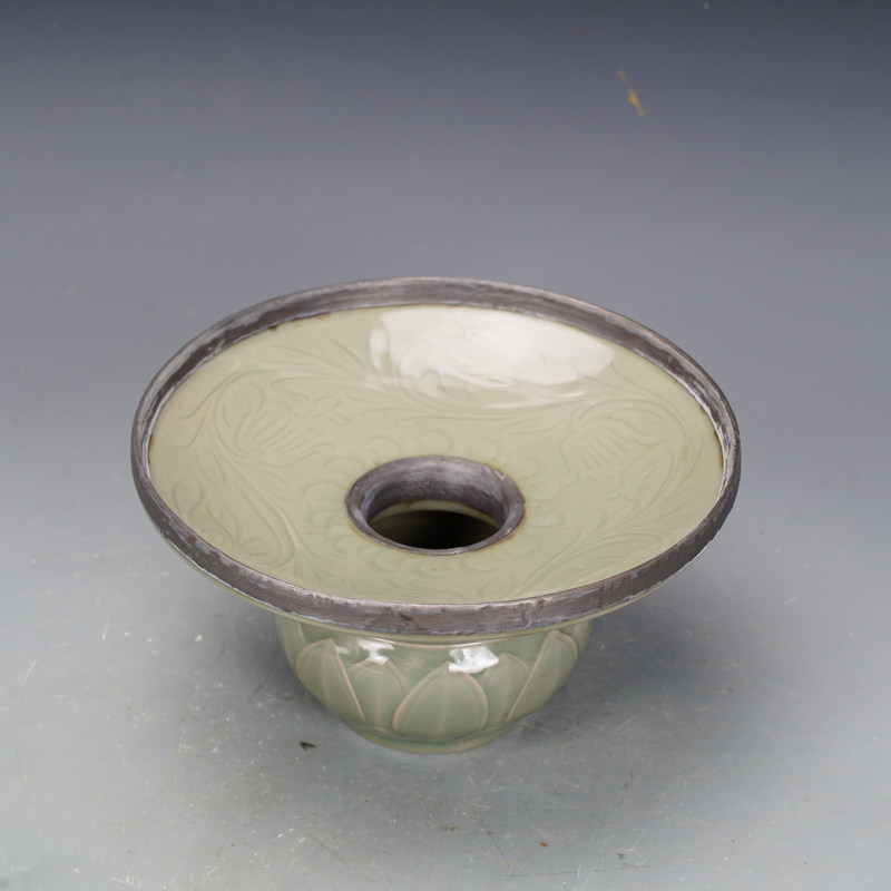 五代越窑秘色瓷包银口渣斗古董古玩旧货老货收藏陶瓷摆件