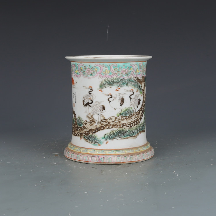 大清光绪浅绛彩松鹤纹笔筒古董古玩仿古瓷器文房收藏