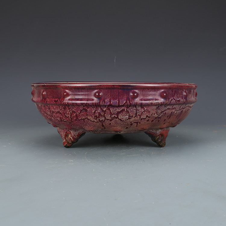 摆件宋钧窑外玫红内蓝釉鼓钉洗仿古瓷器古董古玩收藏摆件