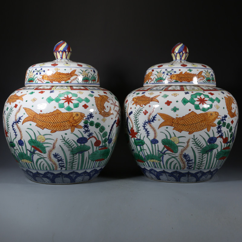 大明嘉靖五彩鱼藻纹大罐一对古董古玩收藏品保真瓷器老货旧货包老