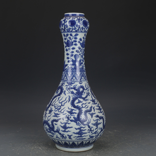 明万历青花龙纹蒜头瓶仿古瓷器古董古玩收藏品景德镇陶瓷花瓶