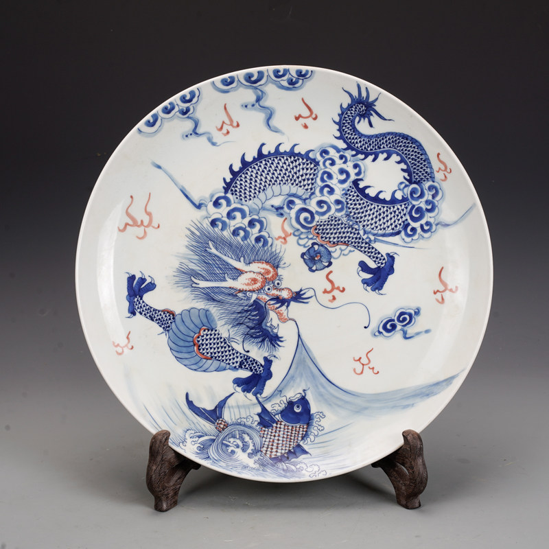 清康熙瓷器青花釉里红龙纹大盘古董古玩明清老瓷器旧货收藏品
